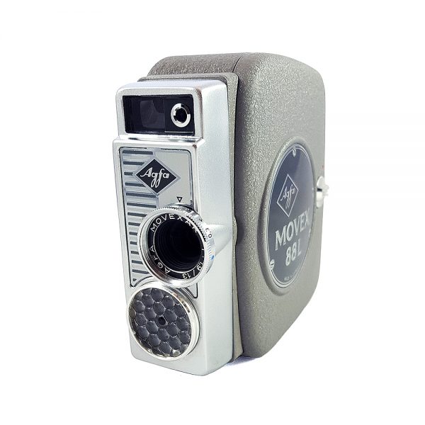 1958 ve sonrası Almanya üretimi orijinal deri hard-case kılıfıyla Agfa Movex 88L 8mm film kamerası. Agfa Movexar 1:1,9 / 13 lens. Retrozade