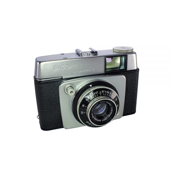 1963 ve sonrası Almanya yapımı orijinal Dacora deri çantasıyla Dacora Dignette I fotoğraf makinesi. Isco Color-Subitar 45mm f/2.8 lens 35mm film. Retrozade