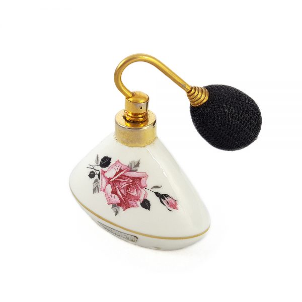 Vintage Bavaria porseleni pompalı parfüm şişesi Rosie. Altın bordürlü, gül baskılı. Doldurulabilir tipte, içi boştur. Retrozade - Vintage Retro Antika