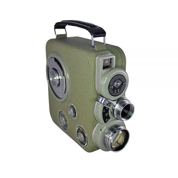 1950'ler Avusturya yapımı orijinal deri çantası ve lens koruyucusuyla metal body vintage yeşil Eumig C3 8mm film kamerası. Retrozade - Vintage Retro Antika