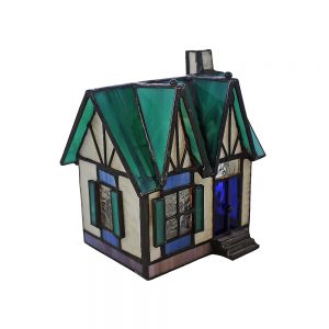 Vintage mavi çatılı ev şeklinde tamamen renkli camdan üretilmiş %100 el yapımı Tiffany masa lambası yeşil. Ampül ürüne dahildir. Retrozade
