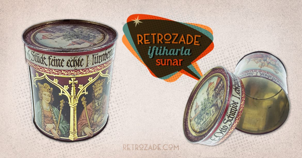 Eski teneke kutu Nürnberg, kral, kraliçe ve manzara çizimleriyle renkli ve tam koleksiyonluk! Retrozade - Vintage Retro Antika