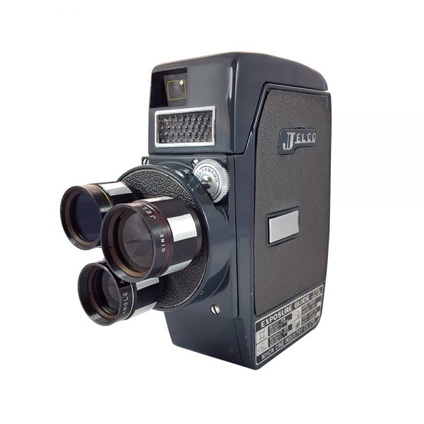 Jelco Three Turret 8mm cine kamera, 1960'larda Japon üretimi, vintage gri - mavi renklerinde, orijinal tutma kolu ve kutusuyla! Retrozade Vintage • Retro
