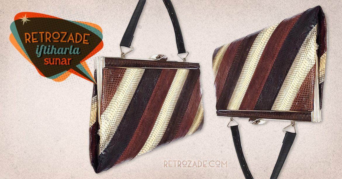 Yılan derisi çizgili vintage çanta! Şık gece kombinleriniz için gerçek yılan derisi, gümüş detaylı ve çok demode! Retrozade - Vintage Retro Antika