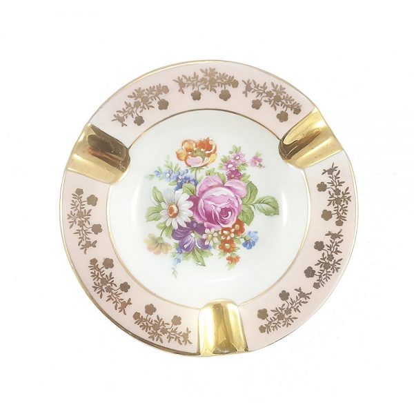 Limoges Porselen Kül Tablası Blush; damgalı Fransız porseleni, kenarları toz pembe altın işlemeli, içi çiçek bahçesi! ✨Retrozade✨Vintage • Retro • Antika