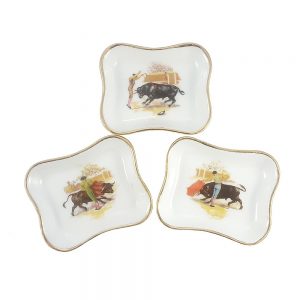 Limoges porselen takı tabağı seti - Matador, damgalı Fransız porseleni, üç farklı desende minik tabaklar... Olé! ✨Retrozade✨Vintage • Retro • Antika