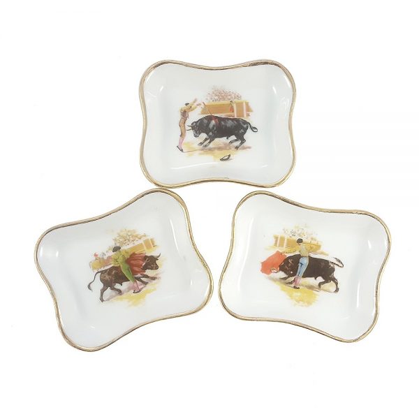 Limoges porselen takı tabağı seti - Matador, damgalı Fransız porseleni, üç farklı desende minik tabaklar... Olé! ✨Retrozade✨Vintage • Retro • Antika